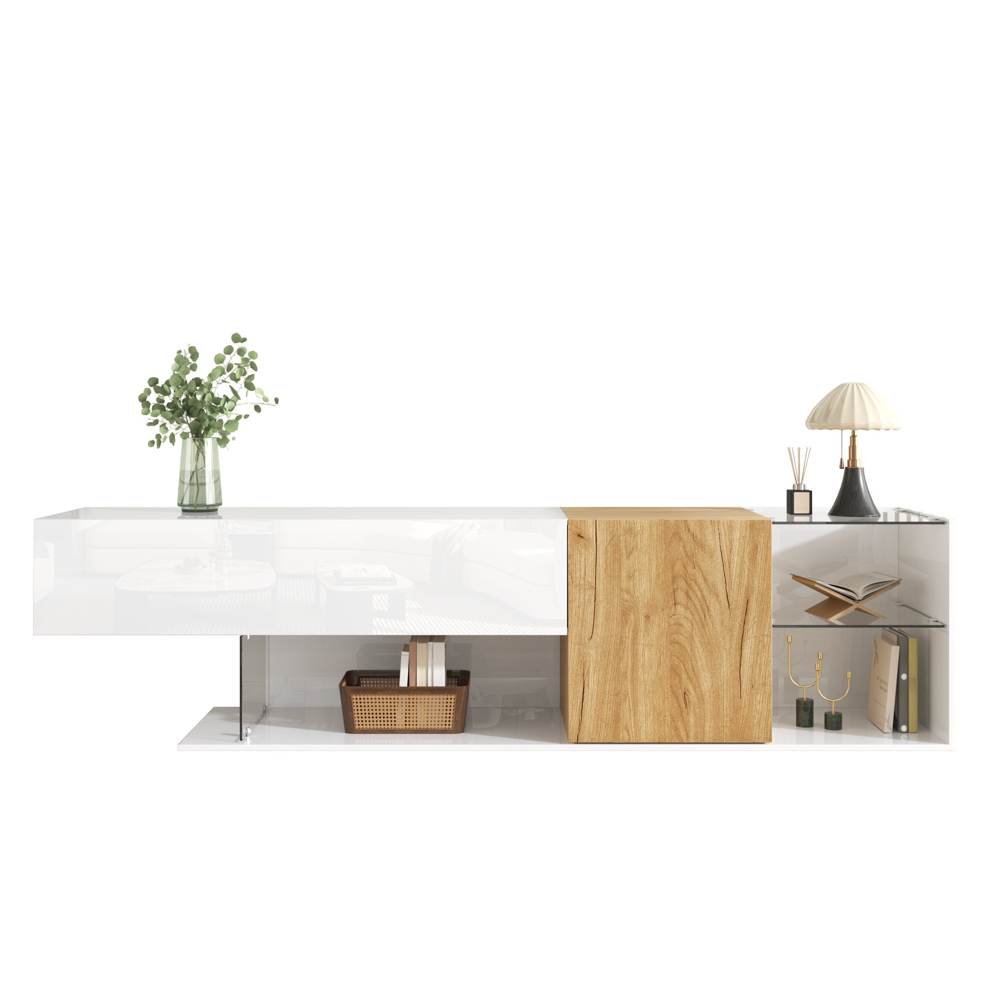 Mobile TV Moderno Bianco Lucido Con Effetto Legno E Ripiani In Vetro, 180 Cm - Per Soggiorno Elegante E Funzionale