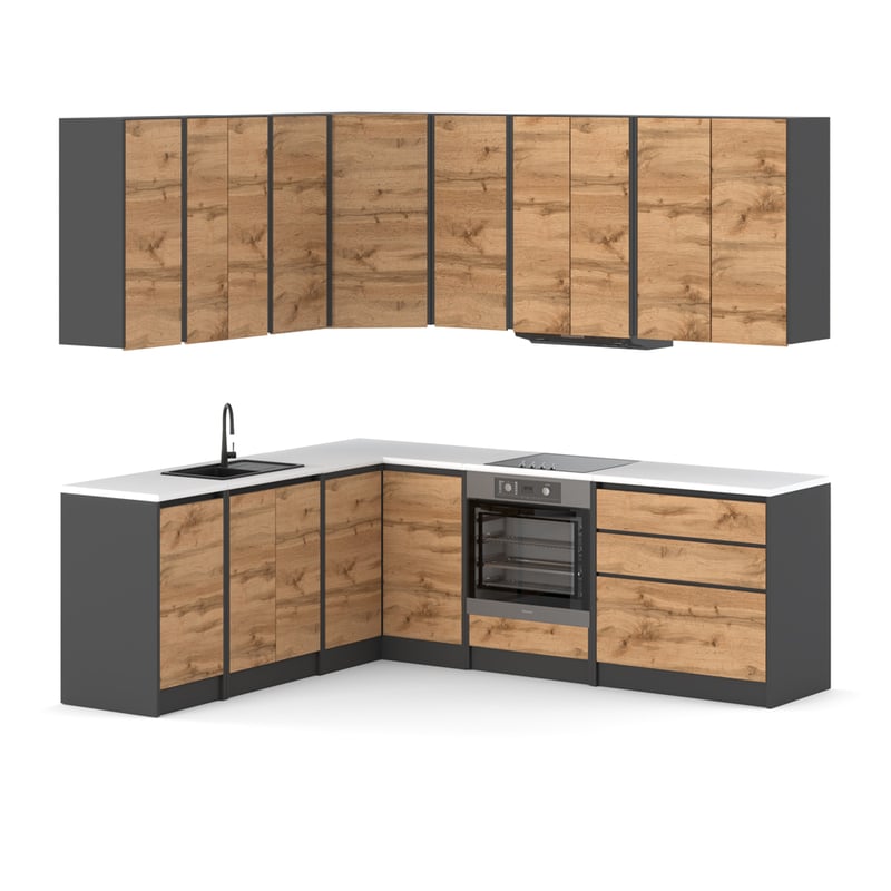 Meble kuchenne narożne modułowe szare z drewnem bella szara dąb wotan