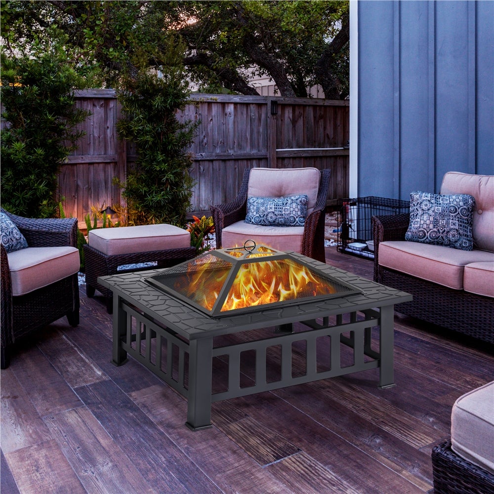 Brasero Extérieur Carré en Métal pour Chauffage avec Couverture et Poker, Noir Yaheetech - 2