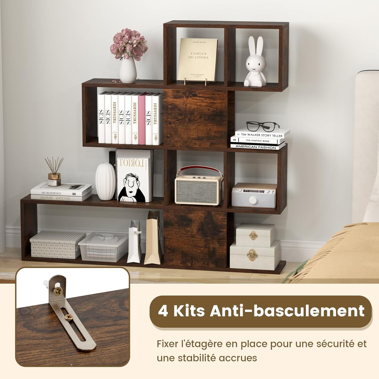 Bibliothèque à 5 Niveaux en Forme de S, 6 Compartiments, Meuble Escalier 120 x 19,5 x 109 cm, pour Salon Bureau Chambre, Marron - 3