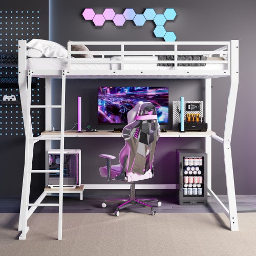 Lit mezzanine, 90 x 200cm, avec LED, bureau, prise électrique + port ...
