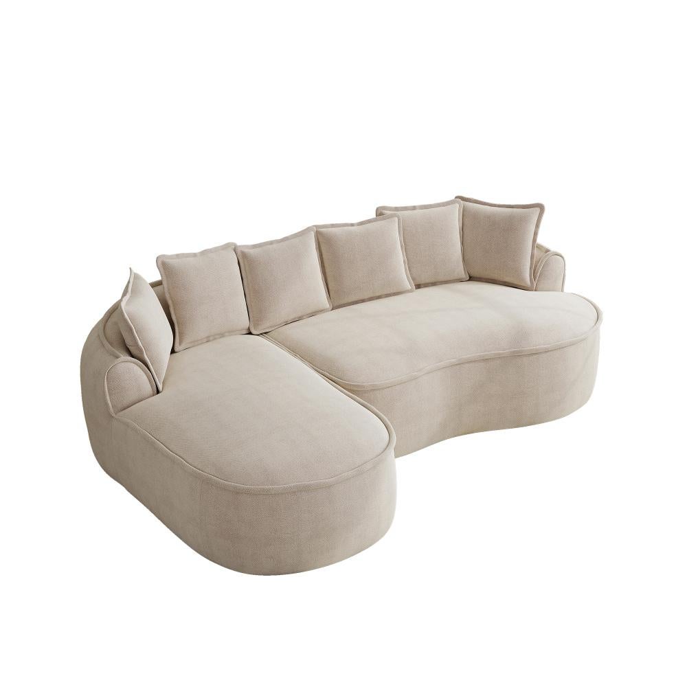 Canapé d’angle modulaire 3 places en tissu chenille, sans cadre, design nuage, couleur marron clair, profond, avec méridienne et coussins - 6