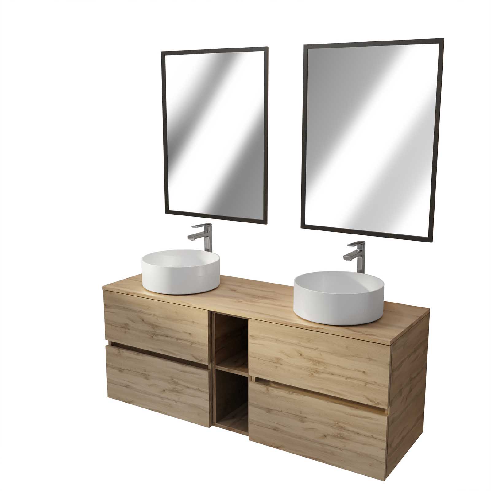 Meuble Salle de Bains 140 TIMBER Décor Chêne 4 Tiroirs et Module 2 Vasques Blanches 2 Miroirs 60x80 - 3
