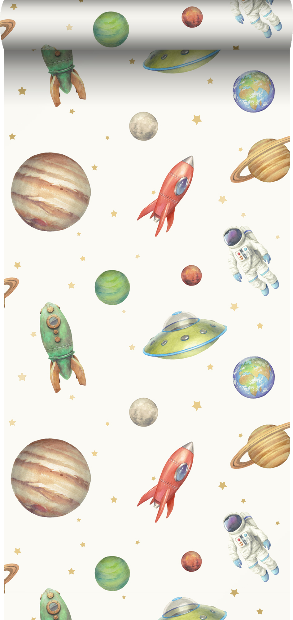 Papel pintado planetas en el espacio blanco, verde y rojo - 53 cm x 10.05 m - sanders & sanders