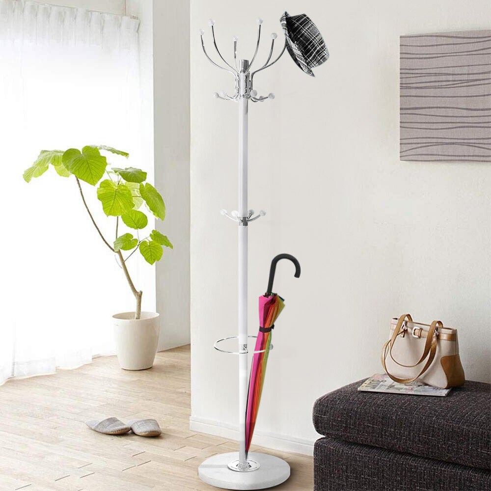 Attaccapanni A Piantana Bakaji Design Albero - 8 Ganci Con Pomelli In Legno, Base In Marmo, 175 Cm, Colore Bianco