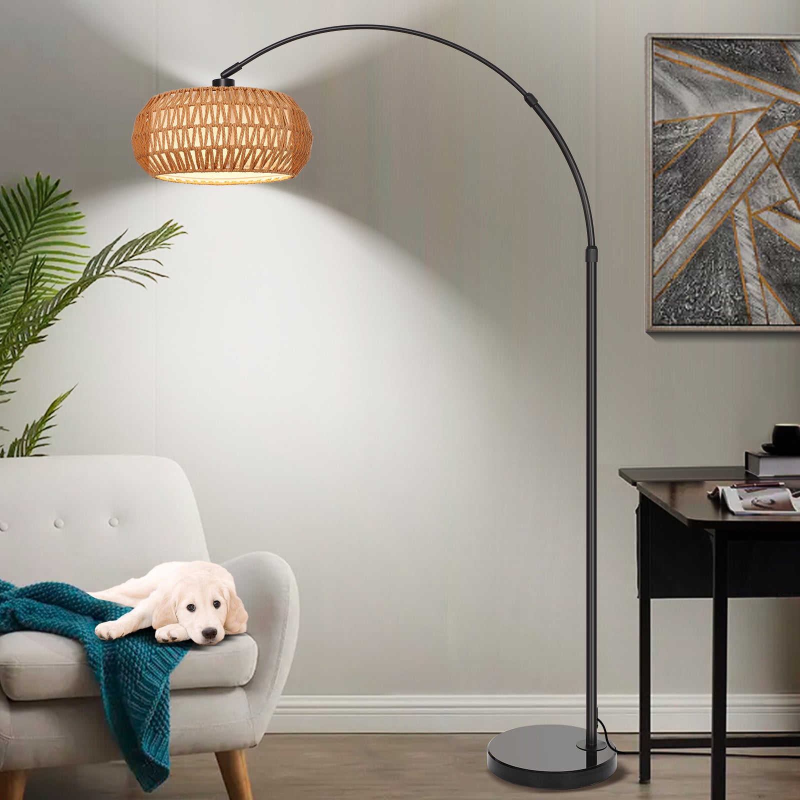 Lampadaire en rotin réglable avec télécommande – design boho, lampe de salon LED avec étagère, interrupteur au pied - 8