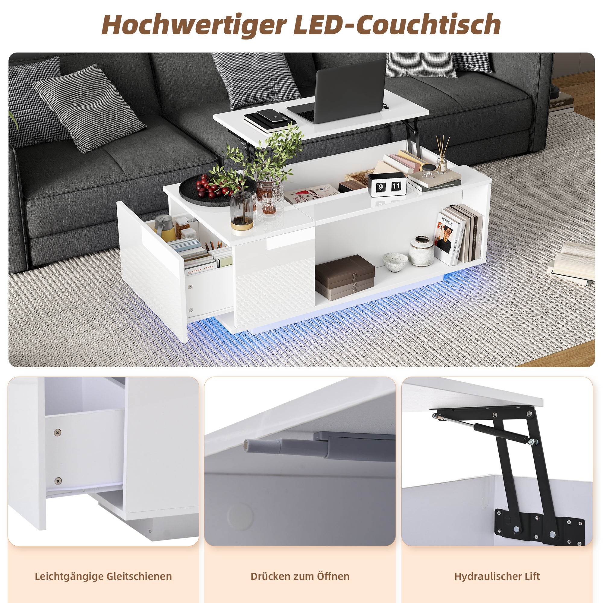 Table basse avec plateau revelable - 1 tiroir et 1 compartiment - 100 x 50 x 40 cm - LEDs - Panneau de particules - Blanc - 5