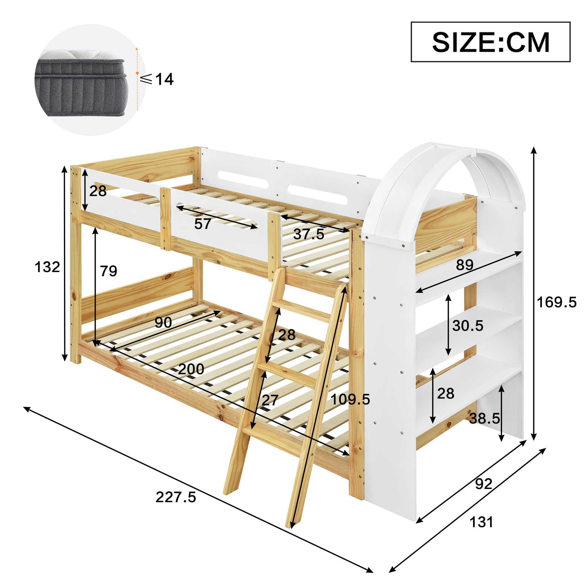 Łóżka piętrowe 2 x 90 x 200 cm z 3-poziomową półką - Sosna + MDF + sklejka - Białe + naturalne (Materace nie są wliczone w cenę) - 4