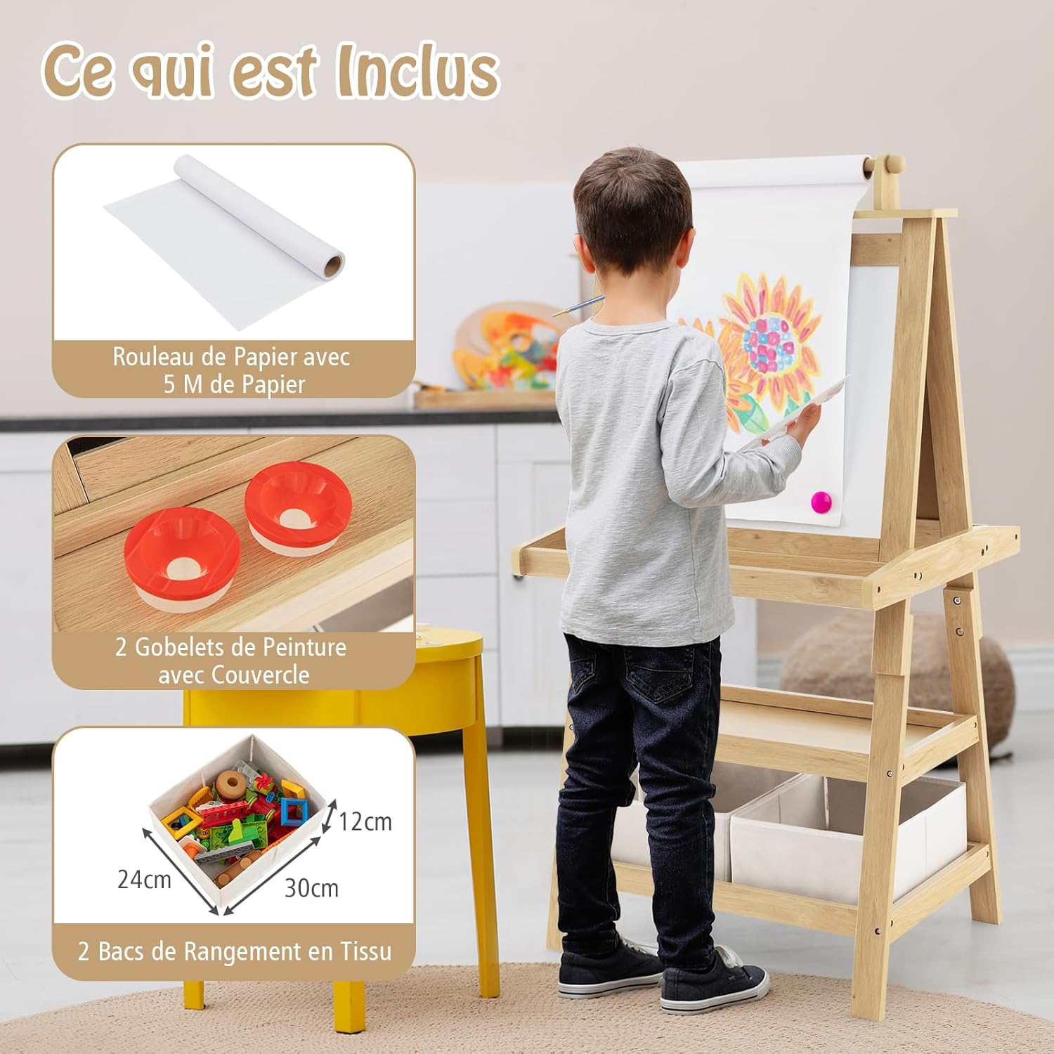 Tableau Enfant Double Face, Chevalet Enfant avec Tableau Blanc/Noir Effacable, Tableau Magnétique, Tableau a Craie pour 3+ Ans, Naturel - 4