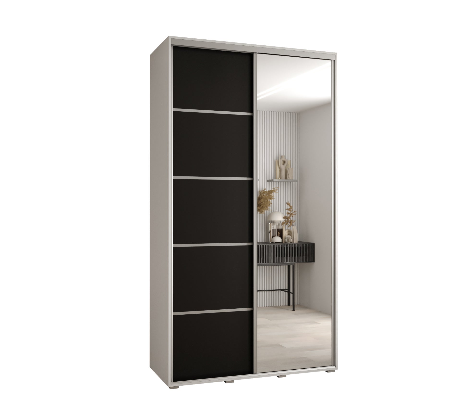 Szafa przesuwna z lustrem wysoka Davos 5 130 x 45 x 235,2 cm biały + czarny + u. srebrny - Abiks Meble
