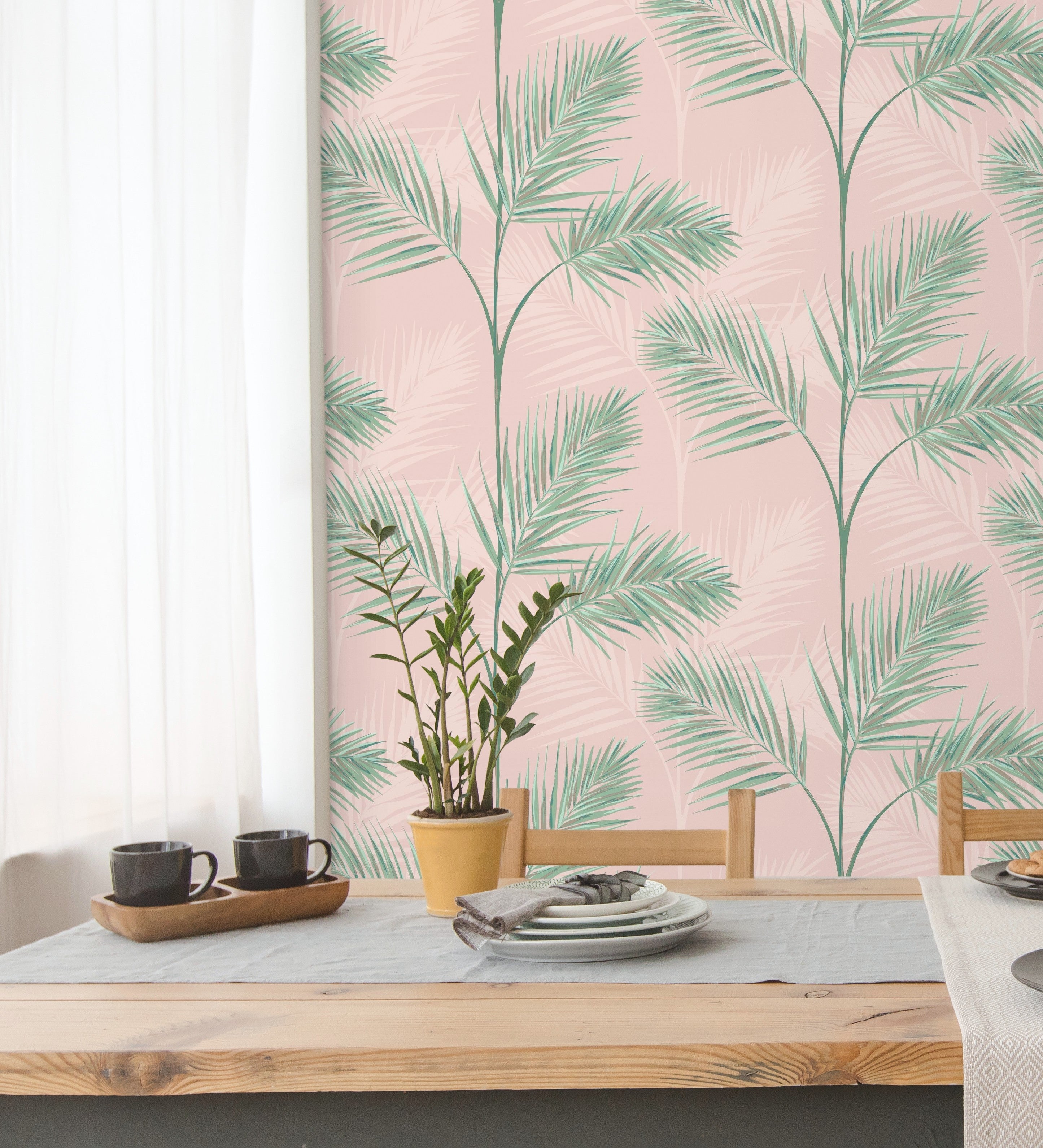 Papel pintado lavable tropical de hojas de palmeras verde y rosa palo - hawaii palms 680913 de gaulan - rollo de 10 m x 0,53 m