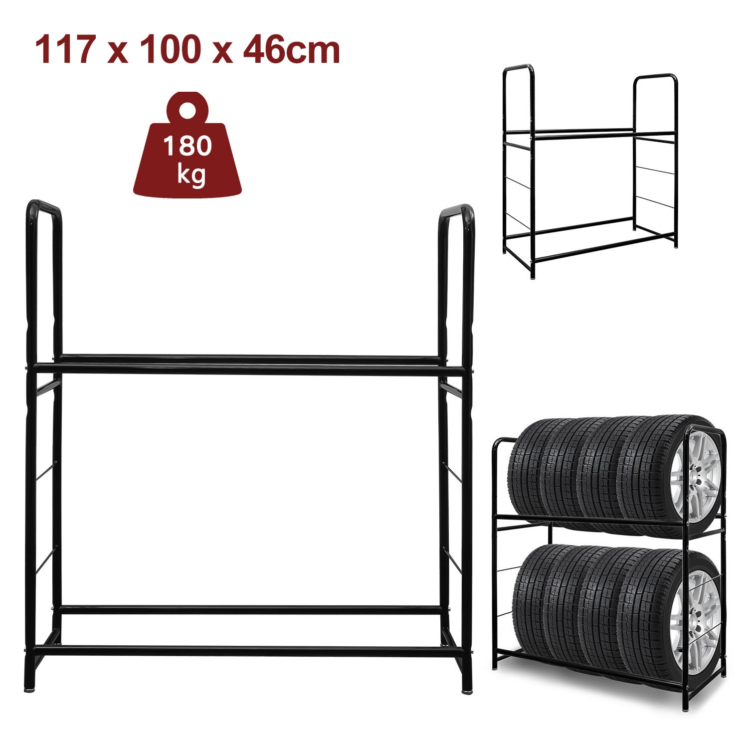 Stojak na opony z osłoną ochronną Uniwersalny stojak na 8 opon Metalowy Do dużych obciążeń 107x46x117cm 180kg Czarny