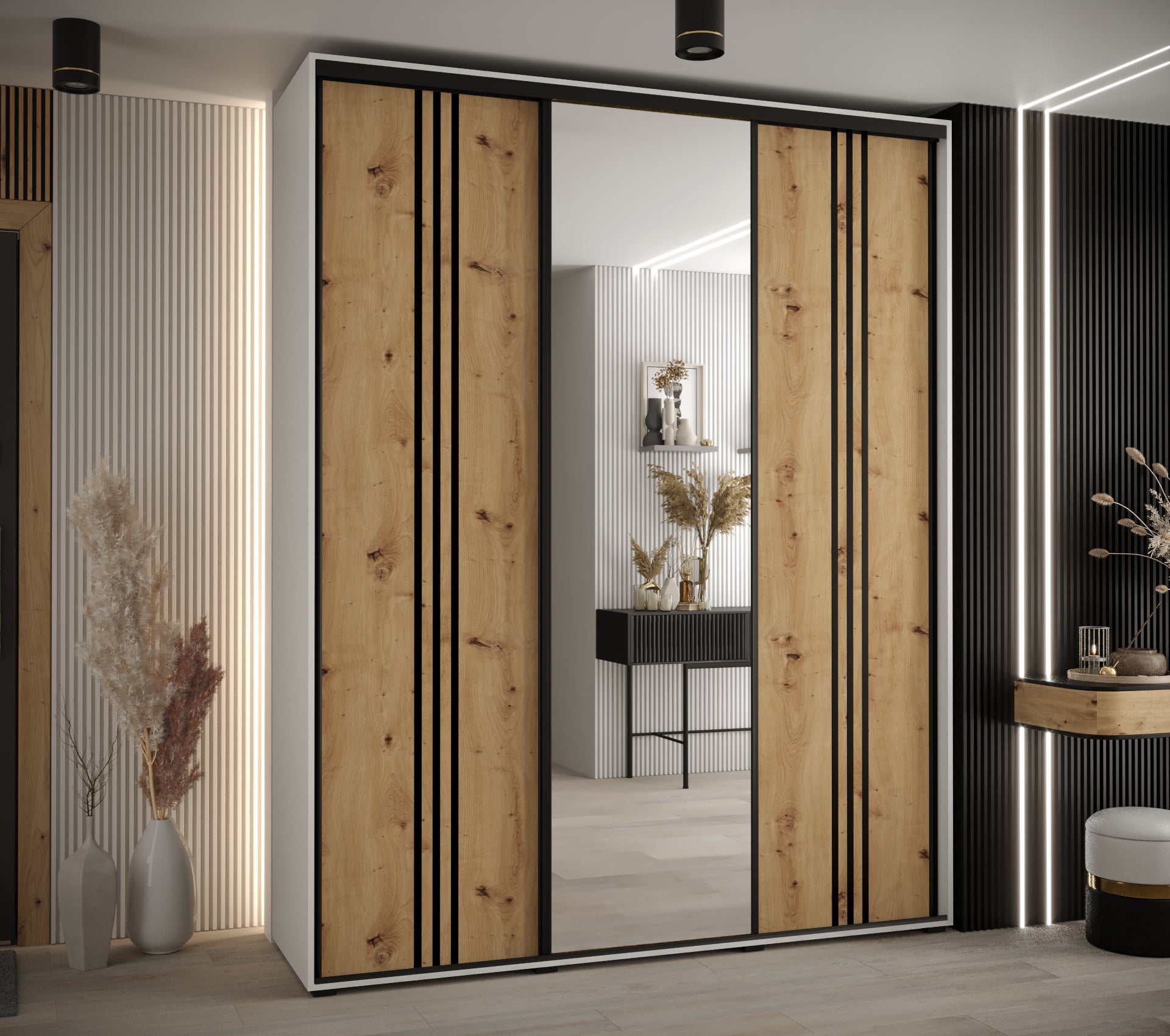 Szafa przesuwna z lustrem wysoka Davos 7 200 x 45 x 235,2 cm biały + artisan + u. czarny - Abiks Meble - 2