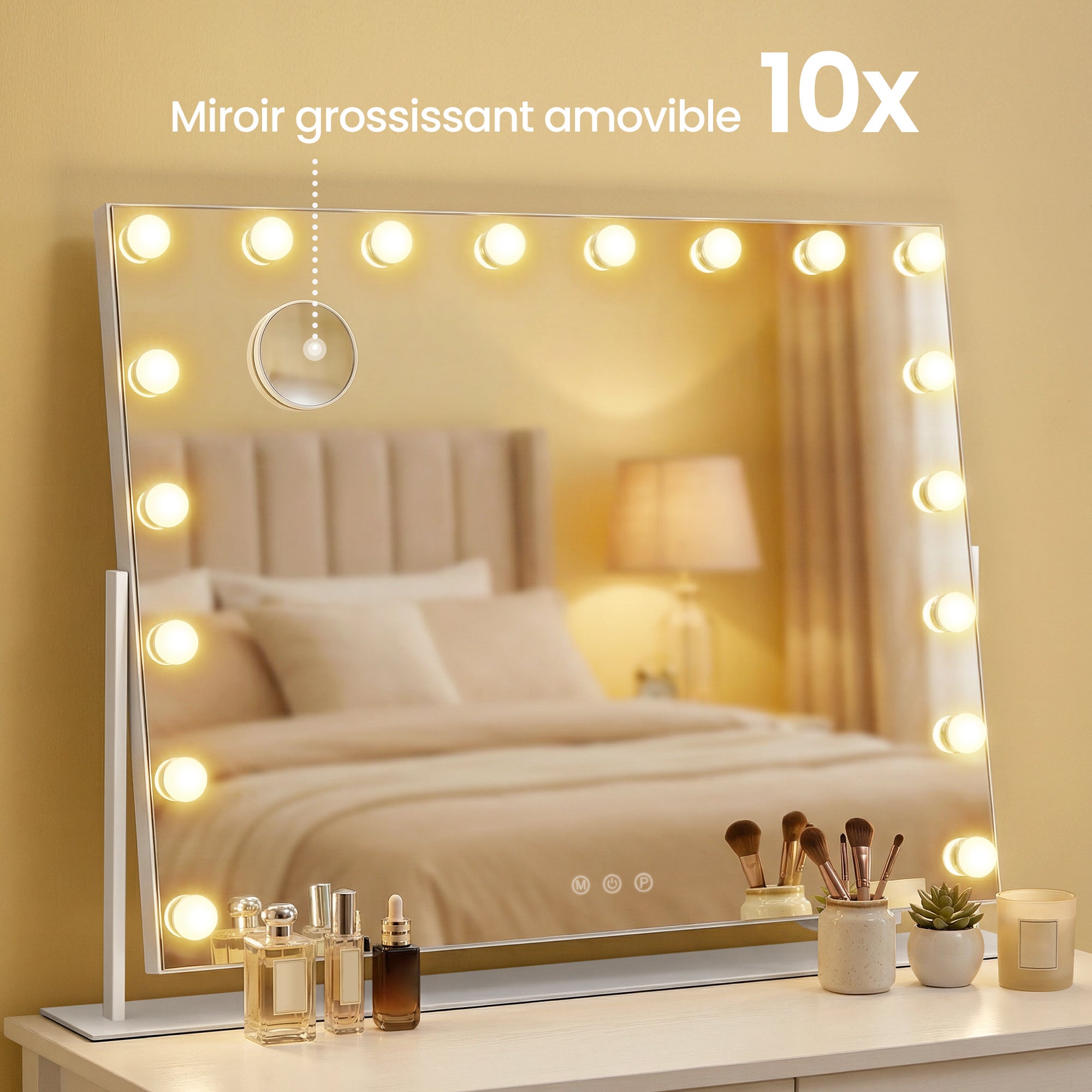 Miroir de Maquillage, avec Ports de Charge, 18 Ampoules, Miroir Grossissant, 80 x 60 cm, Blanc - 3