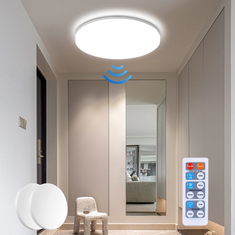 LOVHAUS Zestaw 2 Lamp Sufitowych LED Z Wbudowanym Czujnikiem Ruchu 24W, Lampa LED Z Pilotem IP54 4000K, Okrągła Lampa LED Do Wejścia