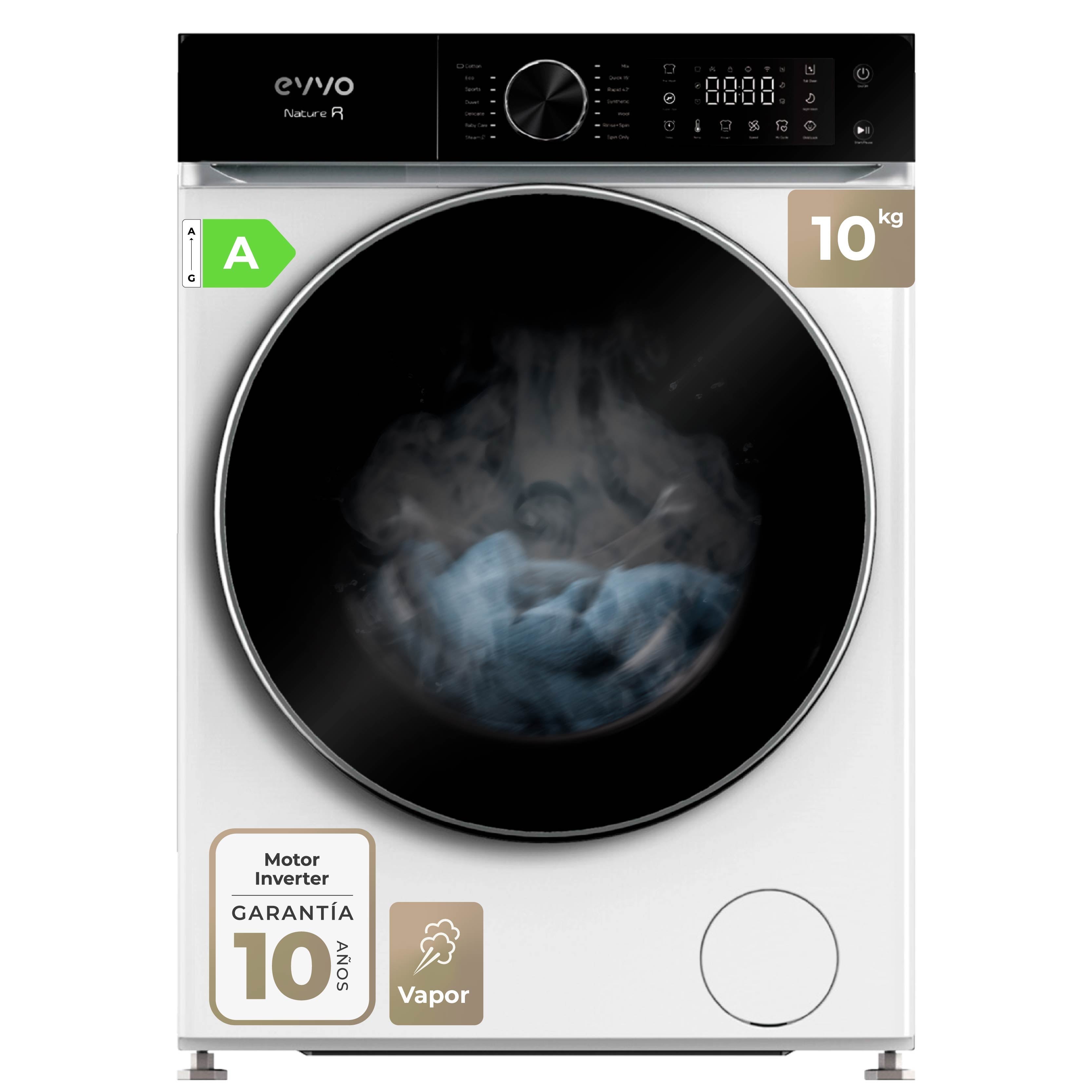 Evvo Blanca Lavadora Nature R10 10 Kg, 1400 Rpm, Función Vapor Super Spa, Motor Inverter, Clase A - Imagen 4
