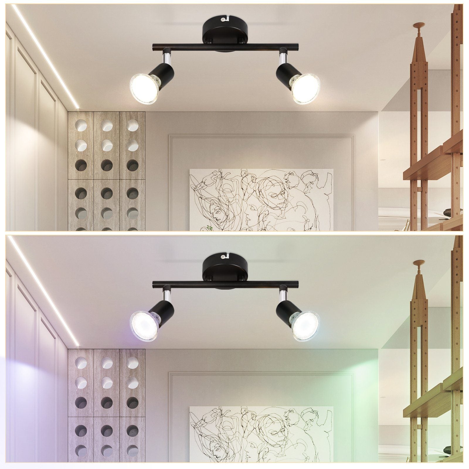 NETTLIFE 2 focos de techo LED negros giratorios 330° GU10, haz de pared para pasillo, dormitorio, salón - 6
