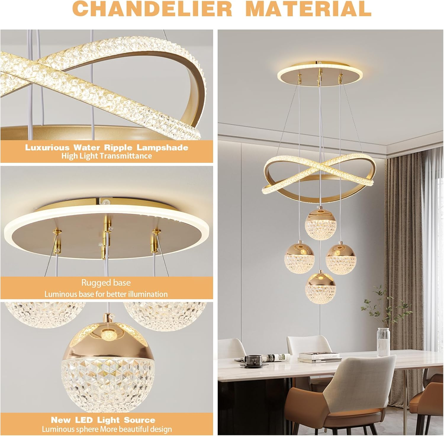 Lustre moderne de luxe, suspension LED 101 W, plafonnier LED à 4 têtes en acrylique, 3 températures de couleur réglables, hauteur réglable, φ 40 cm - 7