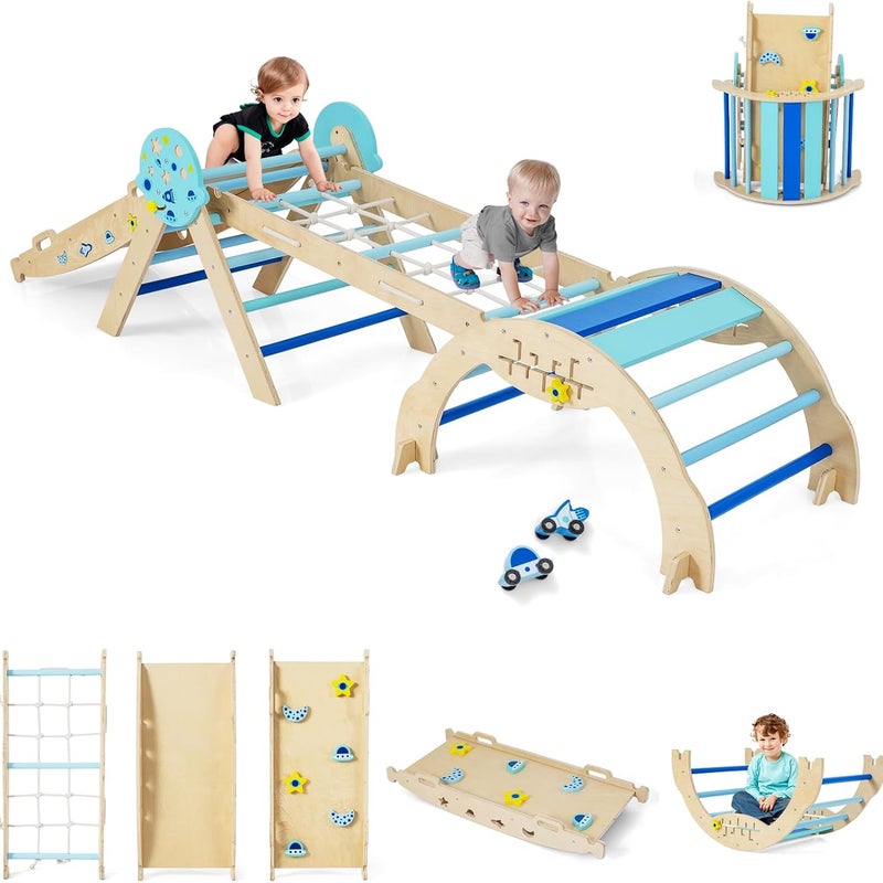 9 w 1 Trójkąt Wspinaczkowy Montessori dla Dzieci powyżej 1 Roku Życia, Składany Drewniany Tor z Łukiem, Rampą, Liną i Drabinką (Astre|Niebieski)