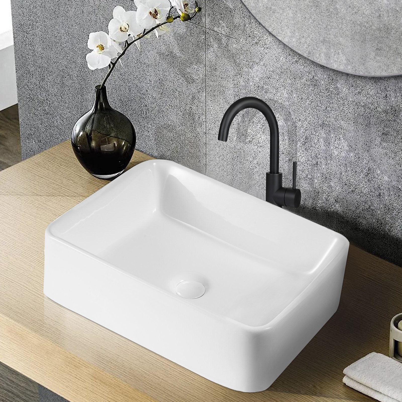 Umywalka łazienkowa NETTLIFE, kwadratowa ceramiczna umywalka nablatowa z efektem lotosu