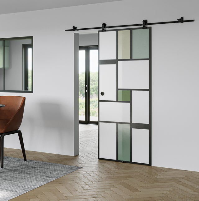 KIT Porte coulissante en verre + Rail coulissant apparent - MONDO OPAQUE VERTE - H. 204 x L. 73 - Fabrication Française AURYS NORMANDIE