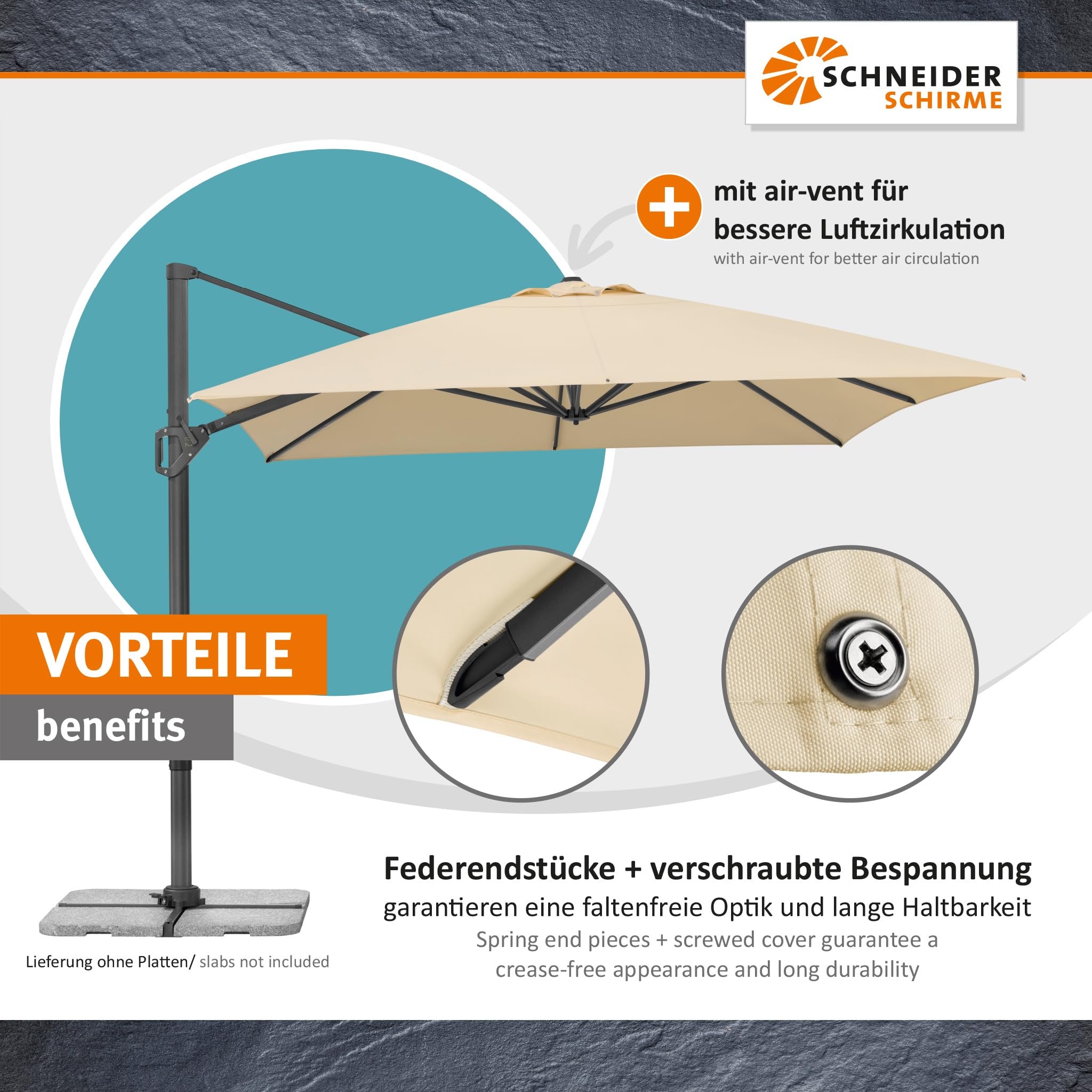 Parasol déporté Schneider Tavo naturel, 400 x 300 cm – rotatif 360°, inclinable, avec housse et support pour dalles - 5