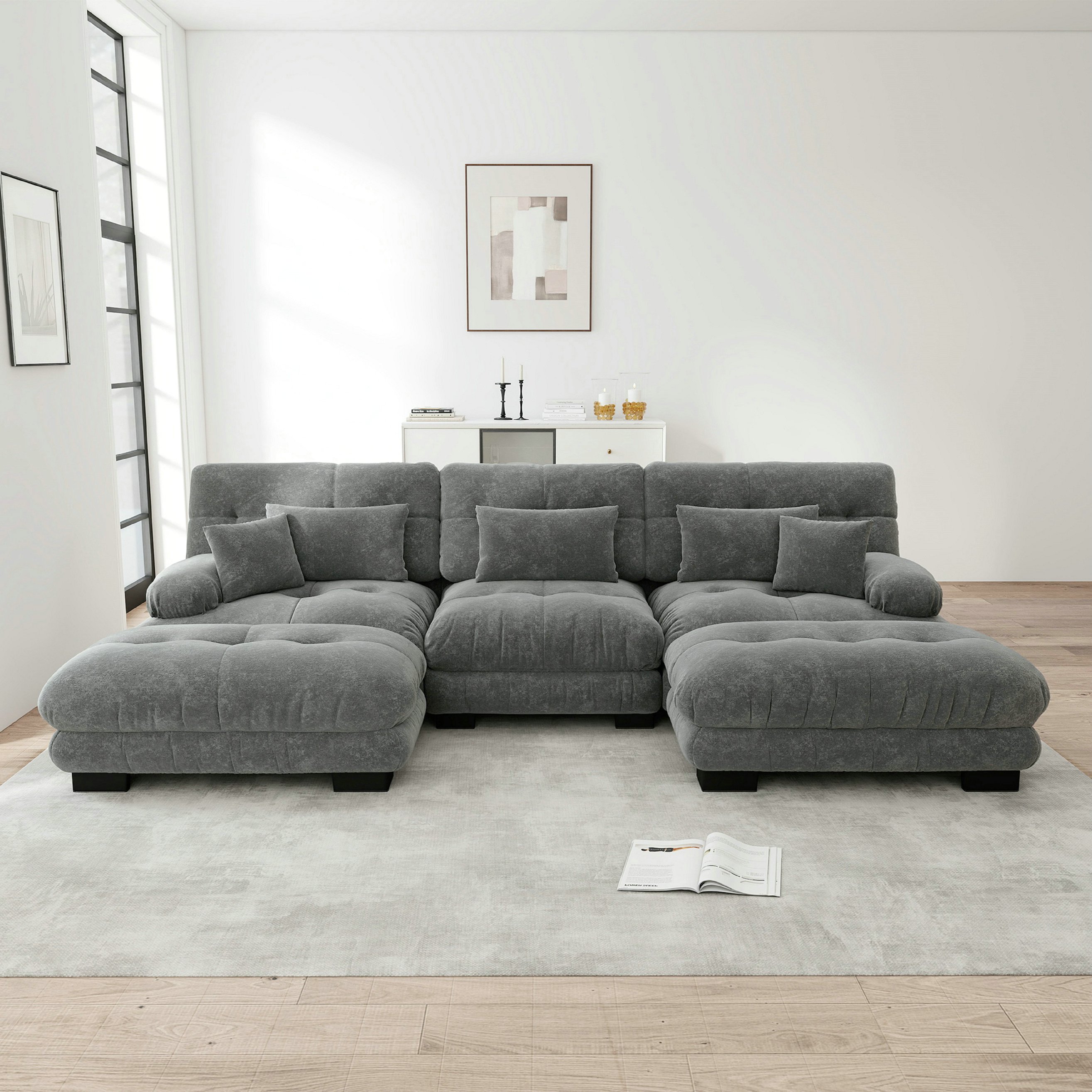Canapé d\'angle modulable, ensemble de salon en forme de U 3 places Élégant - canapé-lit convertible avec pouf - chenille - gris - 3