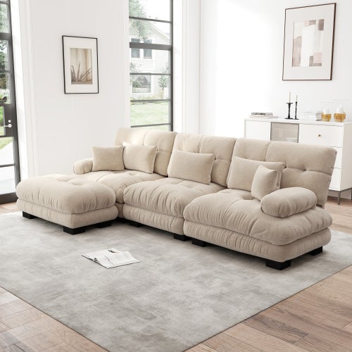 Canapé d'angle, canapé en U pour salon à 3 place avec pouf amovible, en tissu, beige - 2