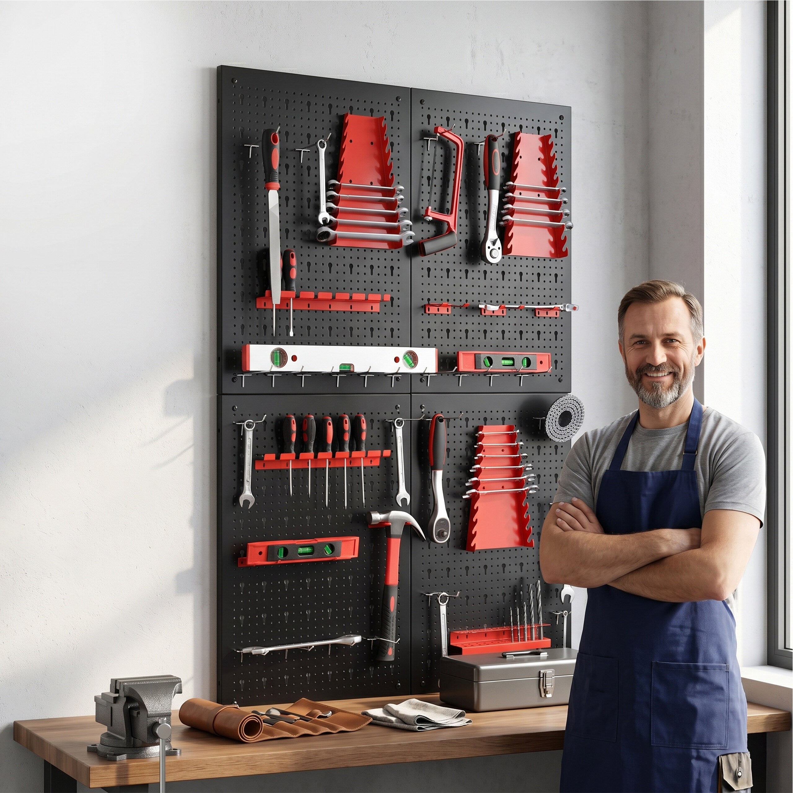 Panneau d'outils, lot de 4 panneaux perforés, 39 accessoires, HxL 60 x 40 cm, métal, pour atelier, noir/rouge, Relaxdays - 7