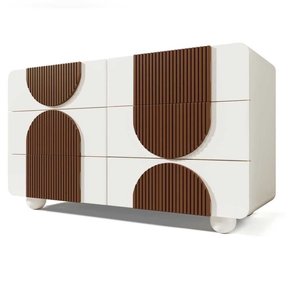 Commode 6 tiroirs design courbé, élégant buffet blanc avec liserés chocolat et sécurité anti-basculement - 8