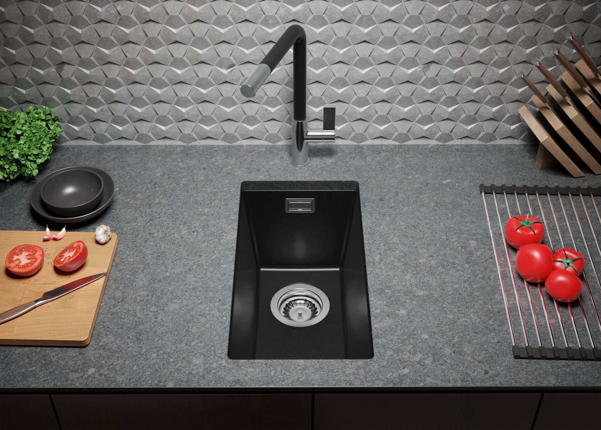 Lavandino sottotop Tutto Nero 26x47cm, Lavello in Granito a 1 vasca + Sifone Classico + Accessori, Lavabo da Cucina al mobile 30cm - London PRIMAGRAN - 4