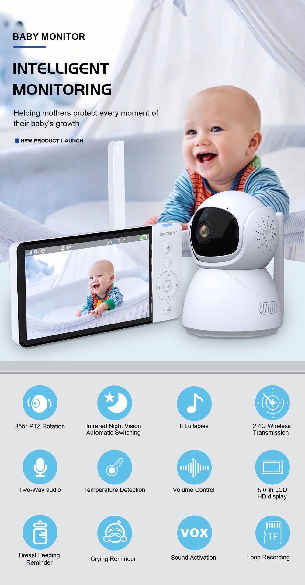 Moniteur vidéo avec transmission 2,4G, babyphone avec audio bidirectionnel - 2