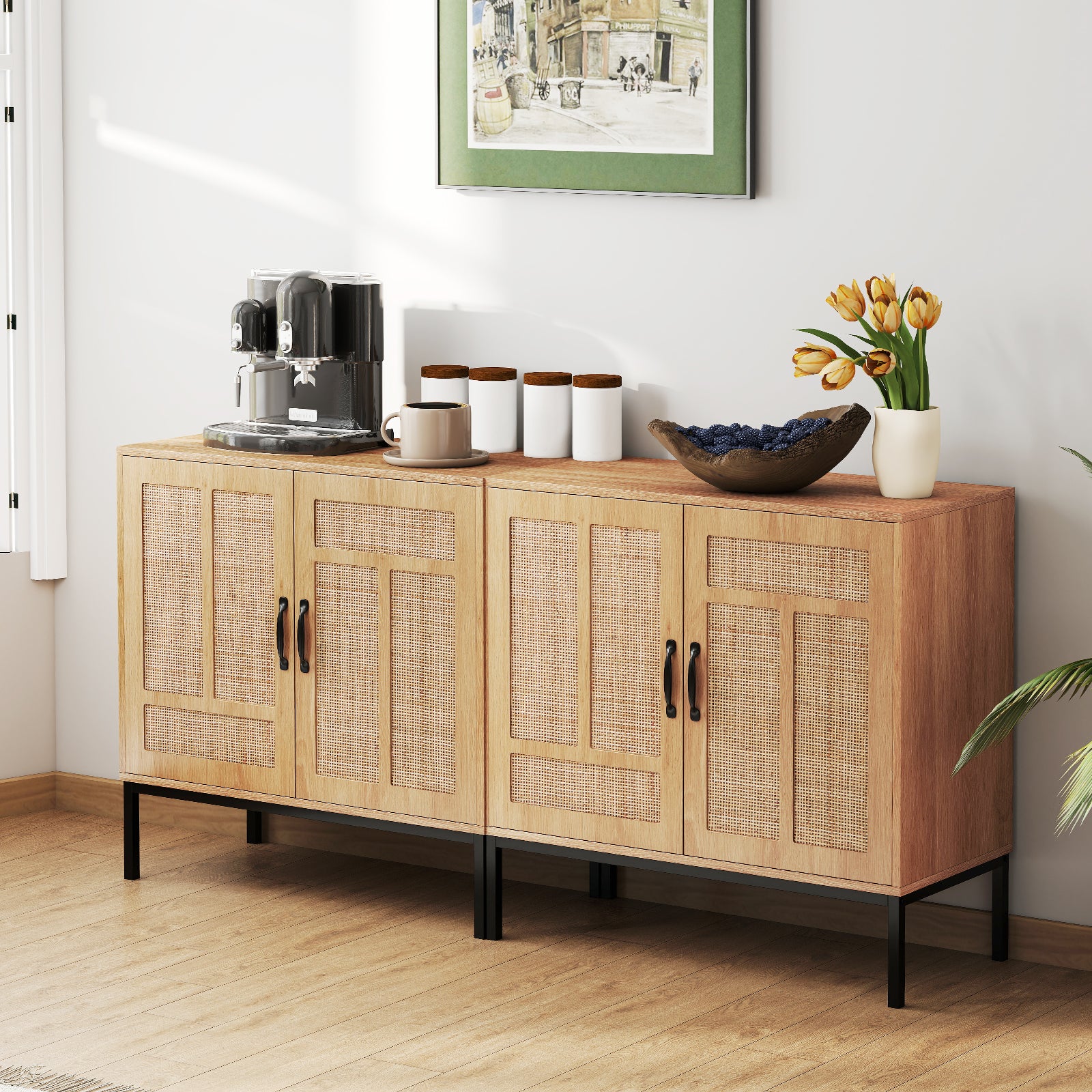 Dwudrzwiowa komoda z regulowaną półką w 3 pozycjach, drzwi z rattanu, mebel pomocniczy w stylu bohemy 80 x 38 x 81 cm do kuchni, salonu, naturalny - 9