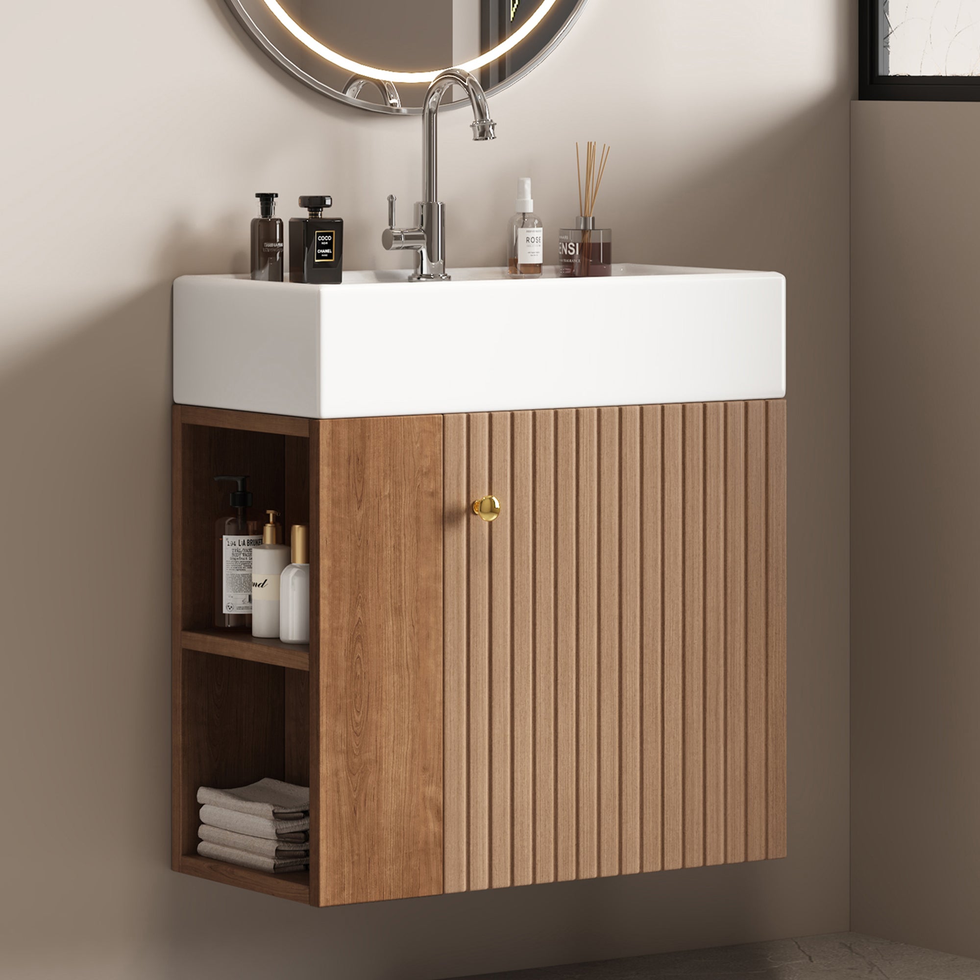 Meuble de salle de bain suspendu avec vasque carreé - 4 compartimrnts - Marron(robinet non inclus) - 5