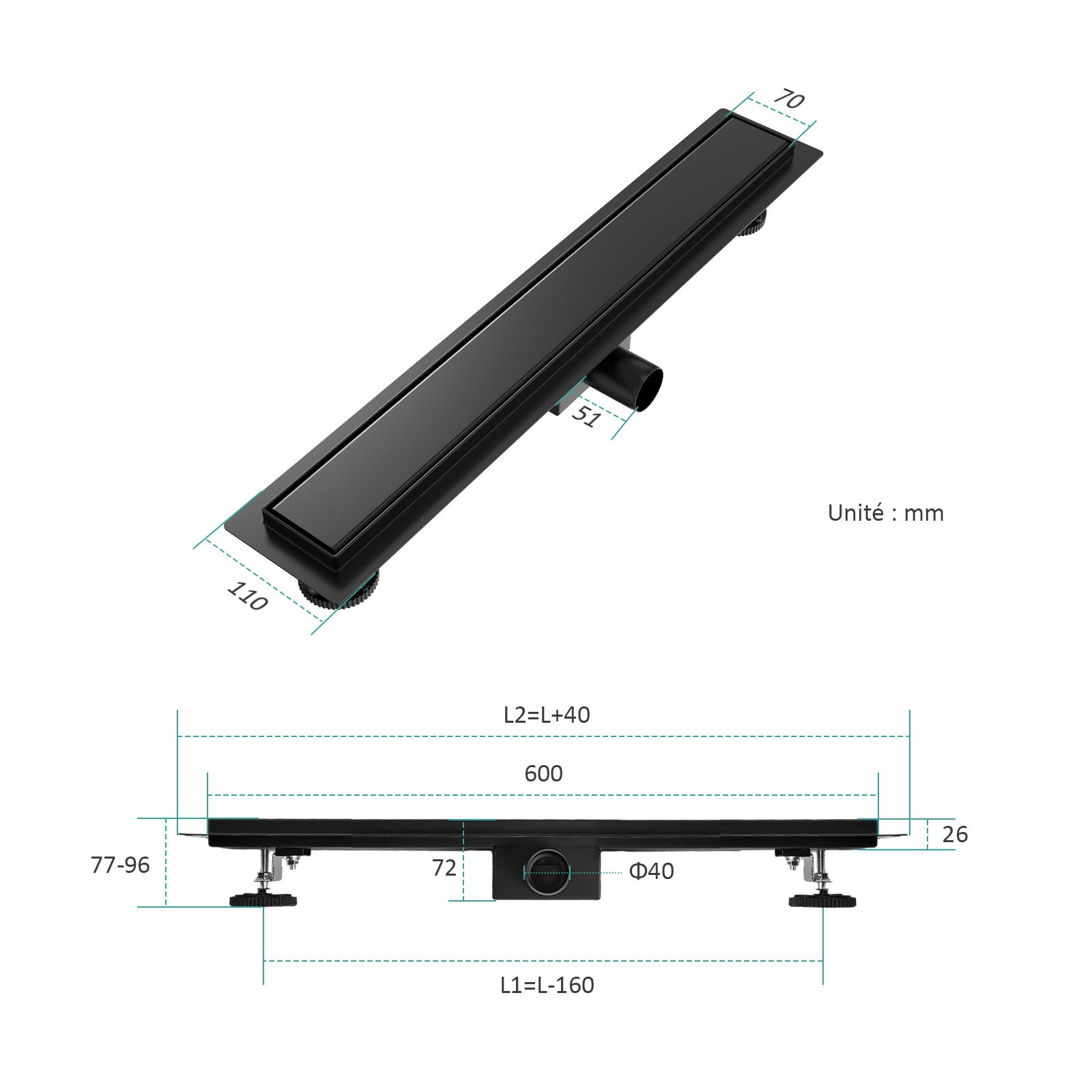 EMKE Caniveau de douche noir 60 cm en acier inoxydable, kit d’évacuation ultra-fin avec siphon anti-odeurs et filtre à cheveux – évacuation latérale - 9