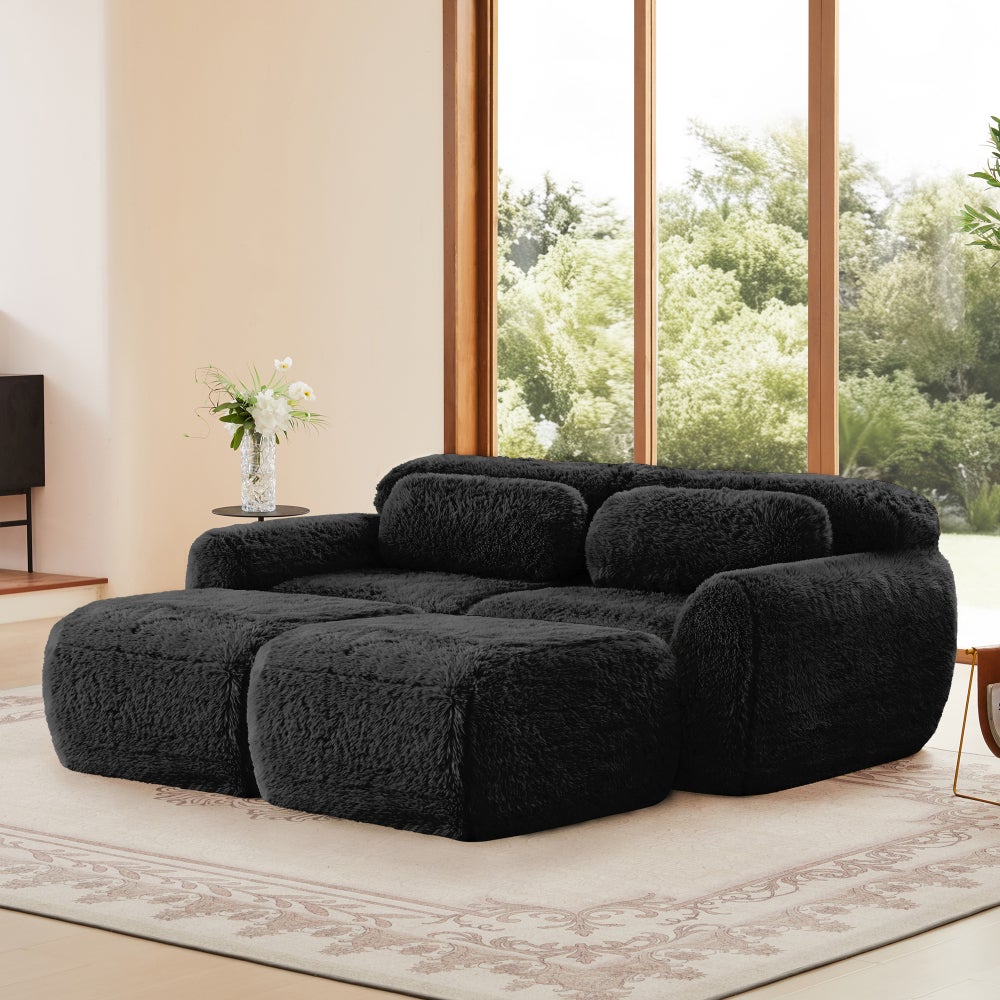 Sofa modułowa, pluszowa, z funkcją spania, z 2 pufami, 2-osobowa, czarna