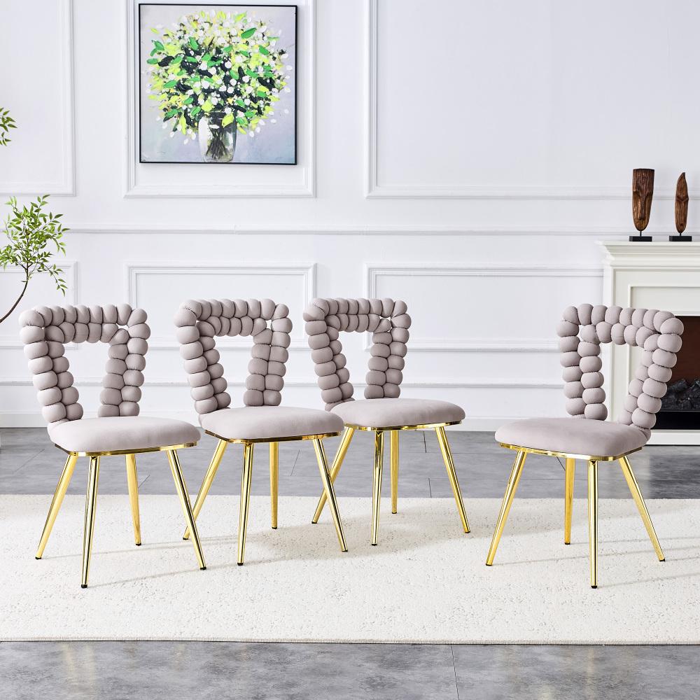 Chaises en Velours Gris Clair (Lot de 2) – Dossier Géométrique Découpé, Pieds Métalliques Dorés, Stables et Élégantes - 9