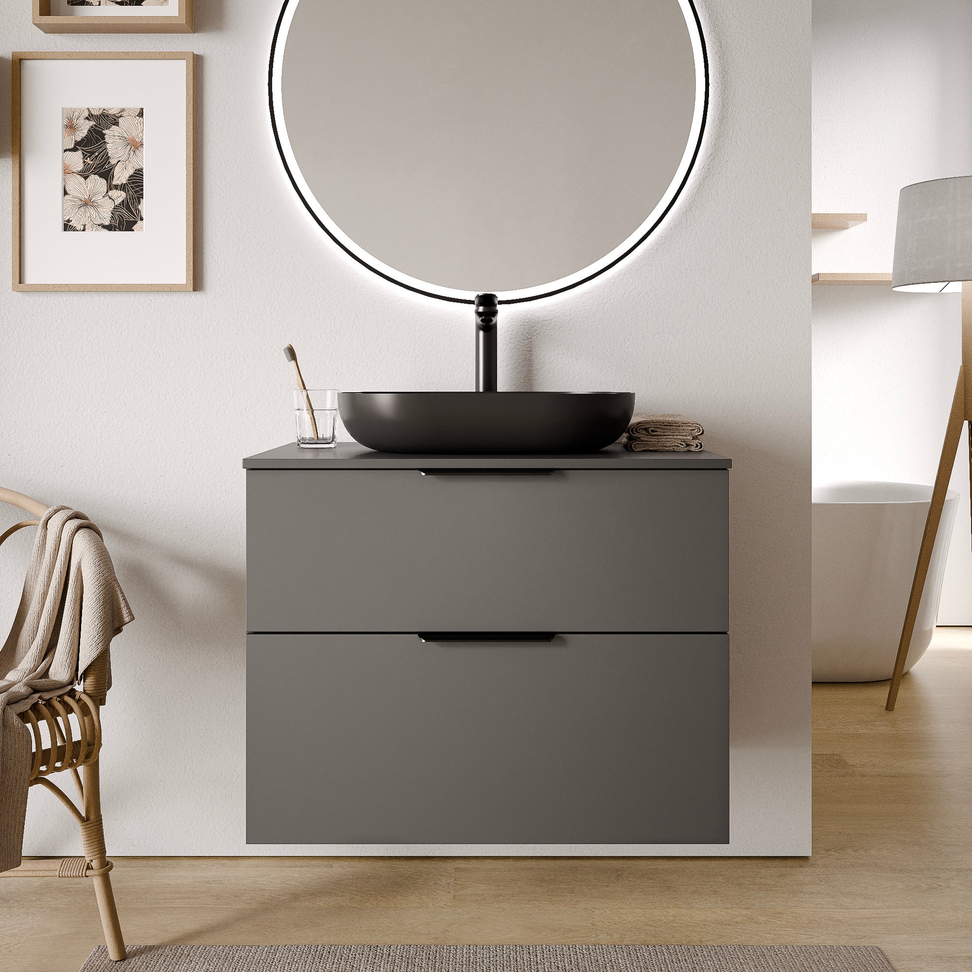Bernstein - mueble lavabo suspendido mdf antracita mate 80x46x62cm 2 cajones, encimera de lavabo antracita mate + tirador cromado - tim80