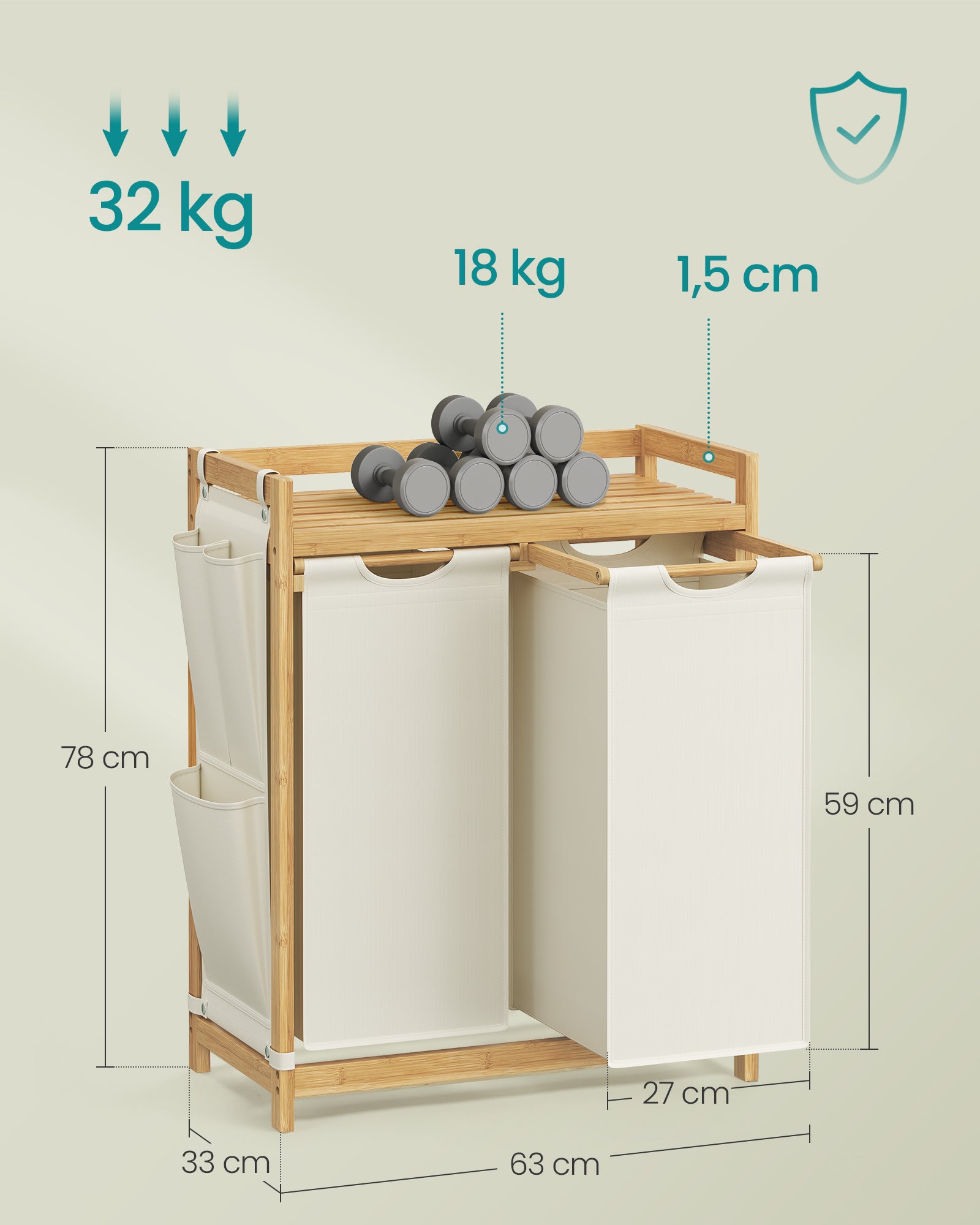 Panier à Linge, avec 2 Compartiments, en Bambou, Capacité de 100 Litres, avec Étagère, Poches Latérales, 2 x 50 L, 63 x 33 x 78 cm, Blanc Crème - 5