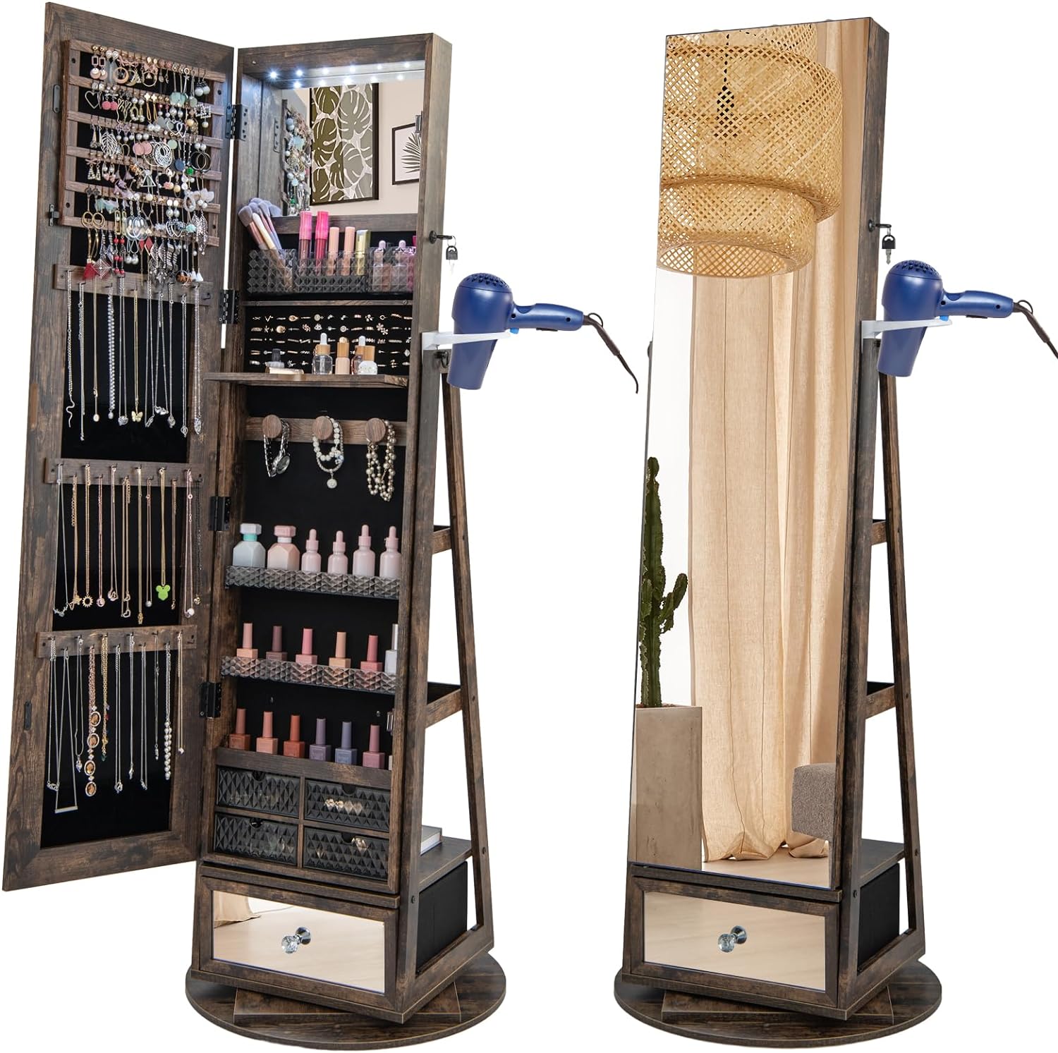 Armoire à Bijoux Pivotante 360° 3-en-1 Avec Miroir Pleine Longueur Et Porte-manteau (multicolore)