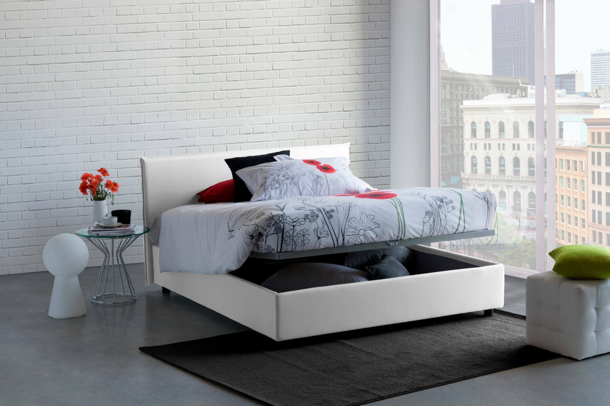 Lit double Bernadette, Lit coffre en tissu, Ouverture frontale, avec matelas 140x200 cm inclus, 100% Made in Italy, Blanc - 5