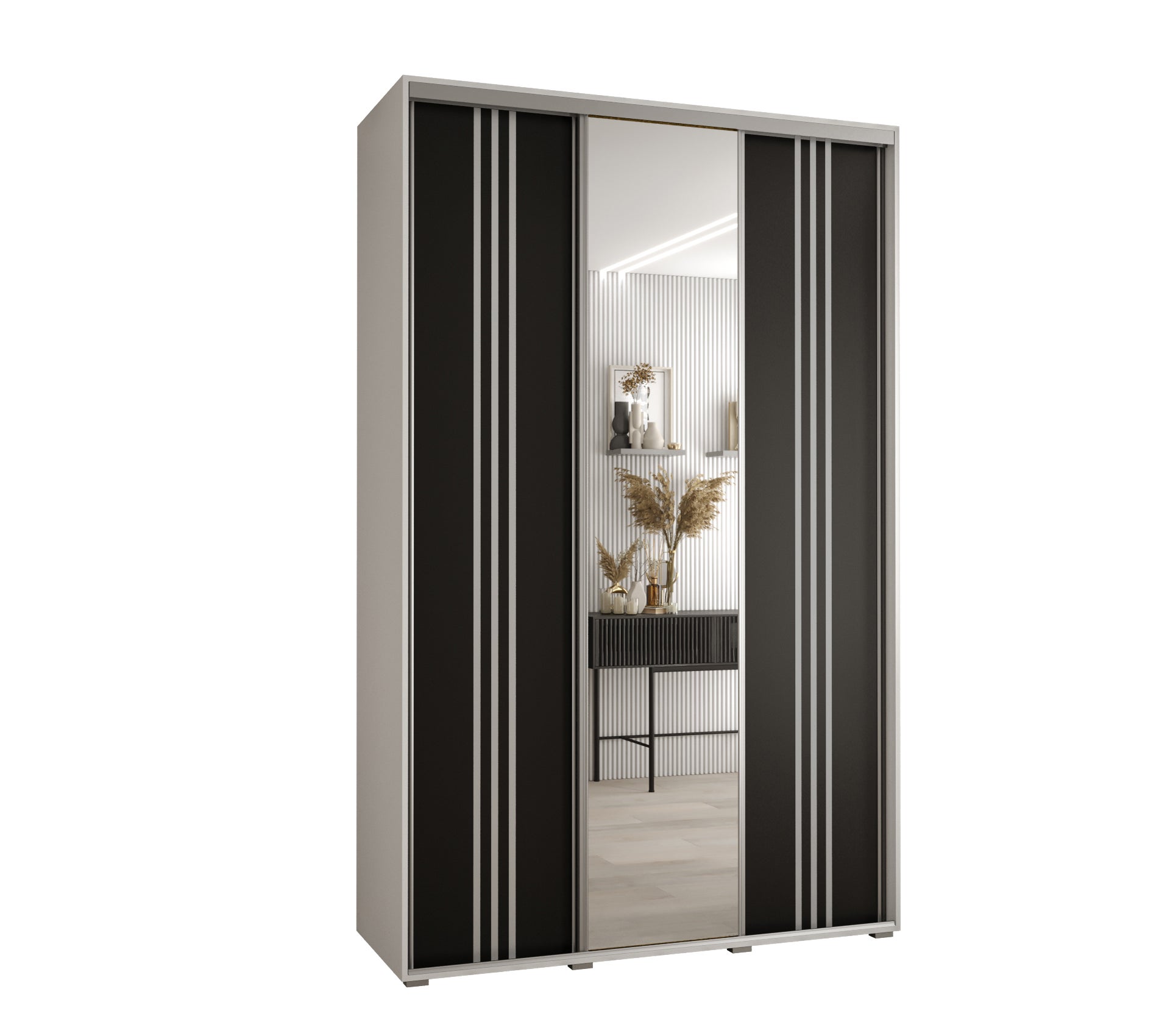 Szafa przesuwna z lustrem wysoka Davos 7 150 x 45 x 235,2 cm biały + czarny + u. srebrny - Abiks Meble