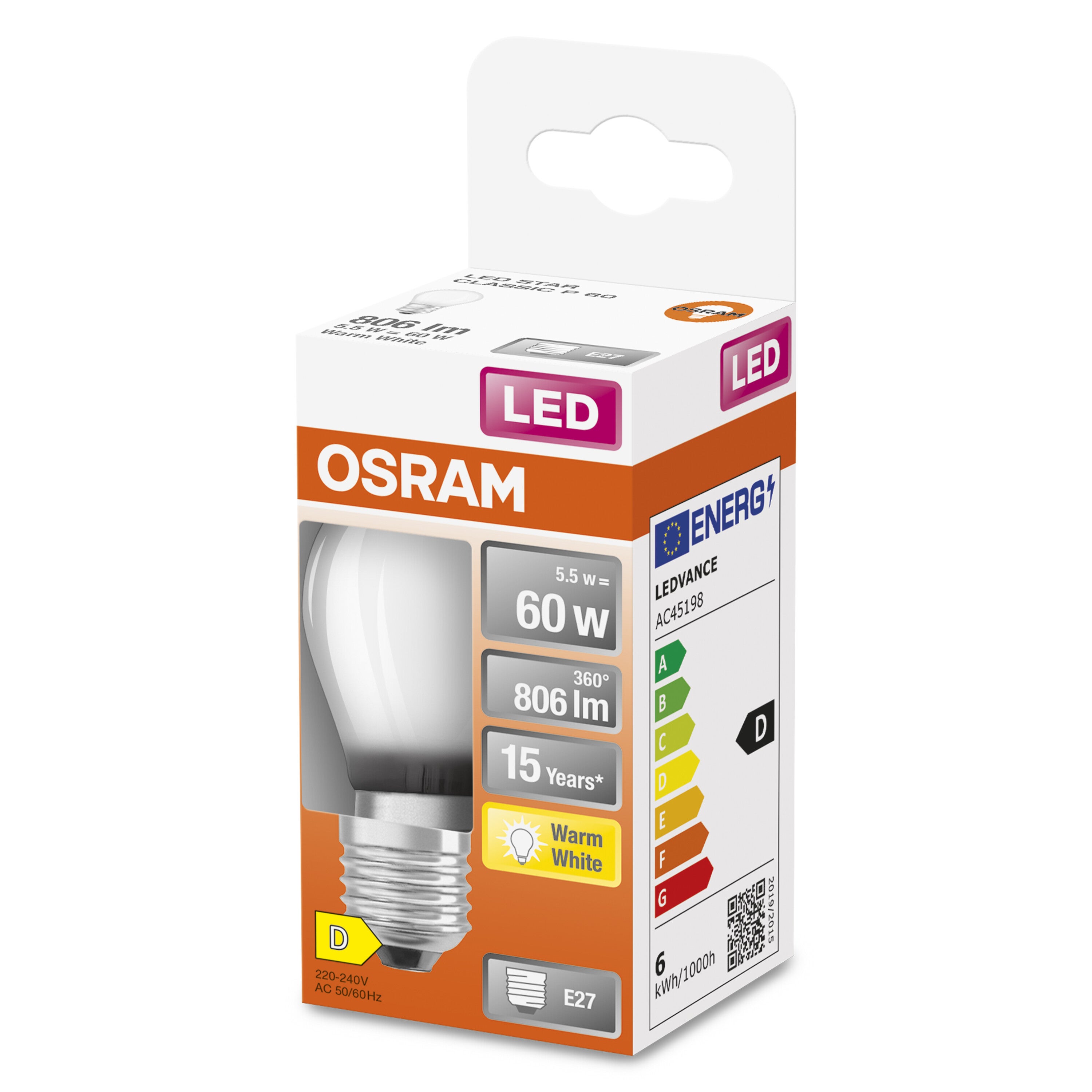 OSRAM Ampoule LED - E27 - Warm White - 2700 K - 7 W - remplacement pour 60-W-Incandescent bulb - LED Retrofit CLASSIC P - 2