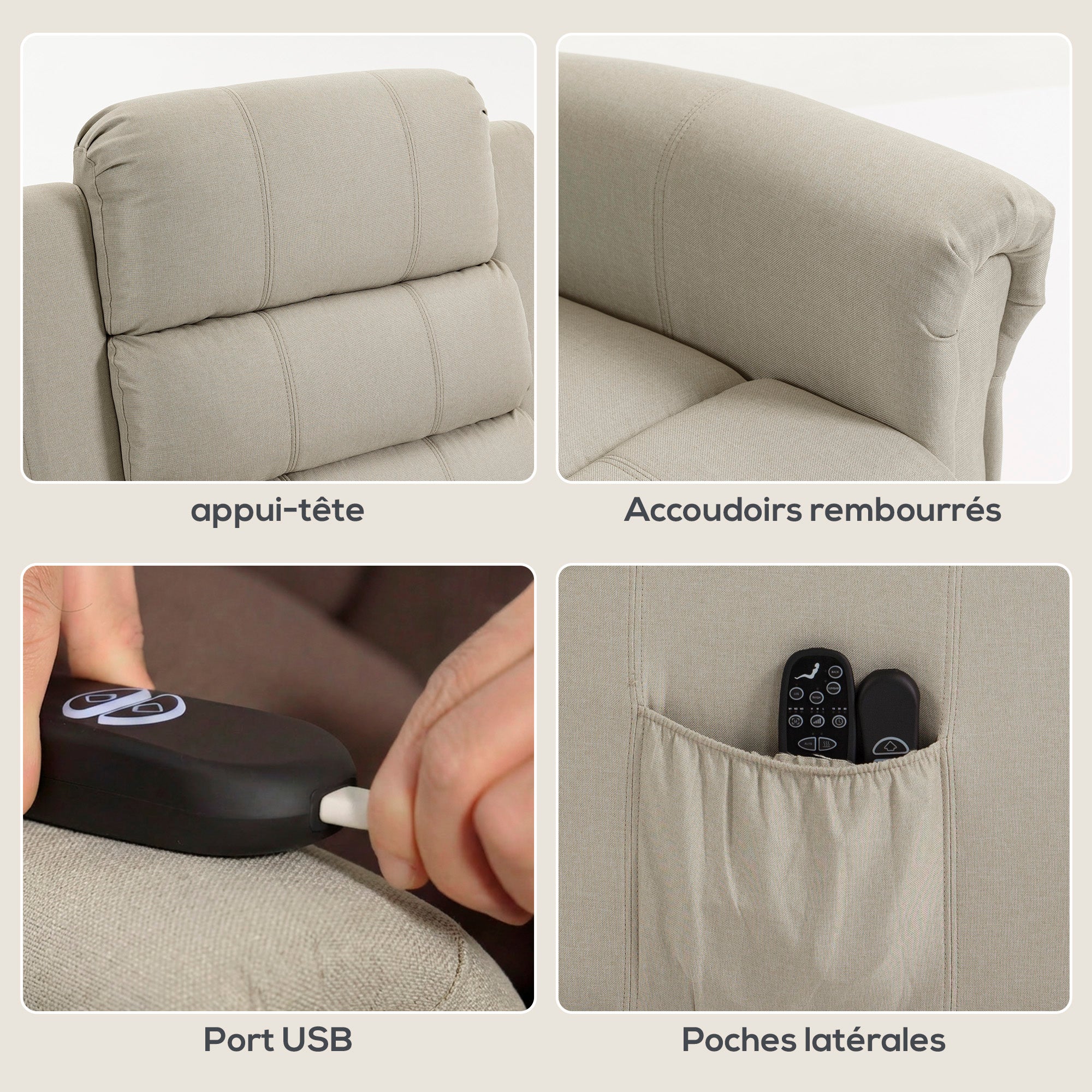 Fauteuil releveur électrique - HOMCOM - massage et chauffage, dossier inclinable, ports USB - tissu en lin - 87x87,5x108cm - beige - 4
