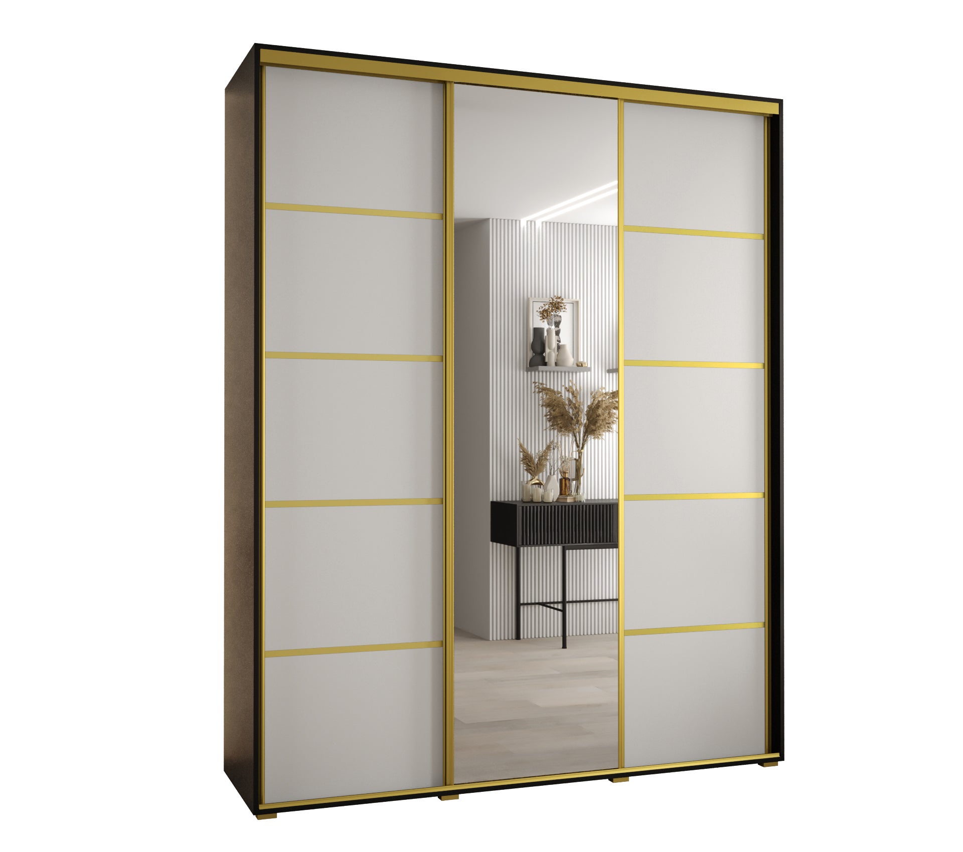 Szafa przesuwna z lustrem wysoka Davos 5 190 x 60 x 235,2 cm czarny + biały + u. złoty - Abiks Meble