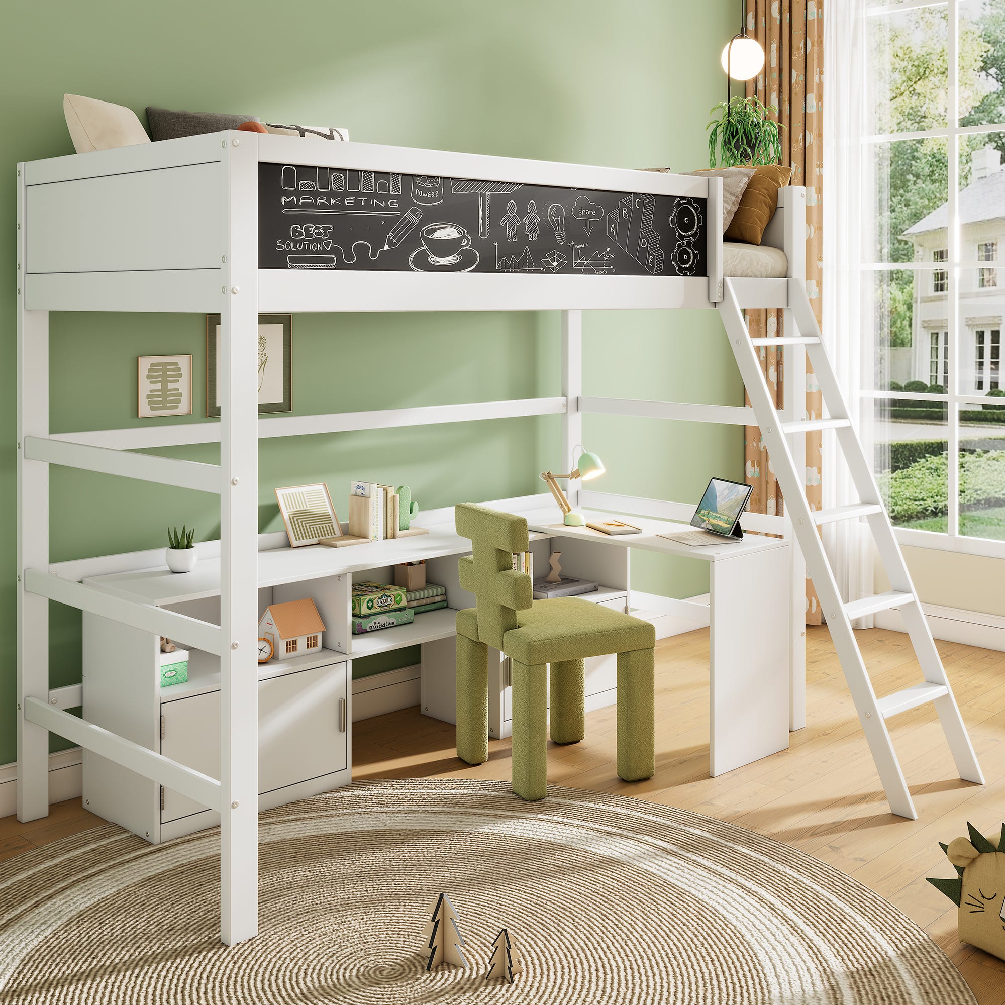 Letto A Soppalco 90x200 Cm Con Scrivania - Telaio In Ferro, Ringhiera, Scala, Per Bambini Dai 6 Anni - Foto 2