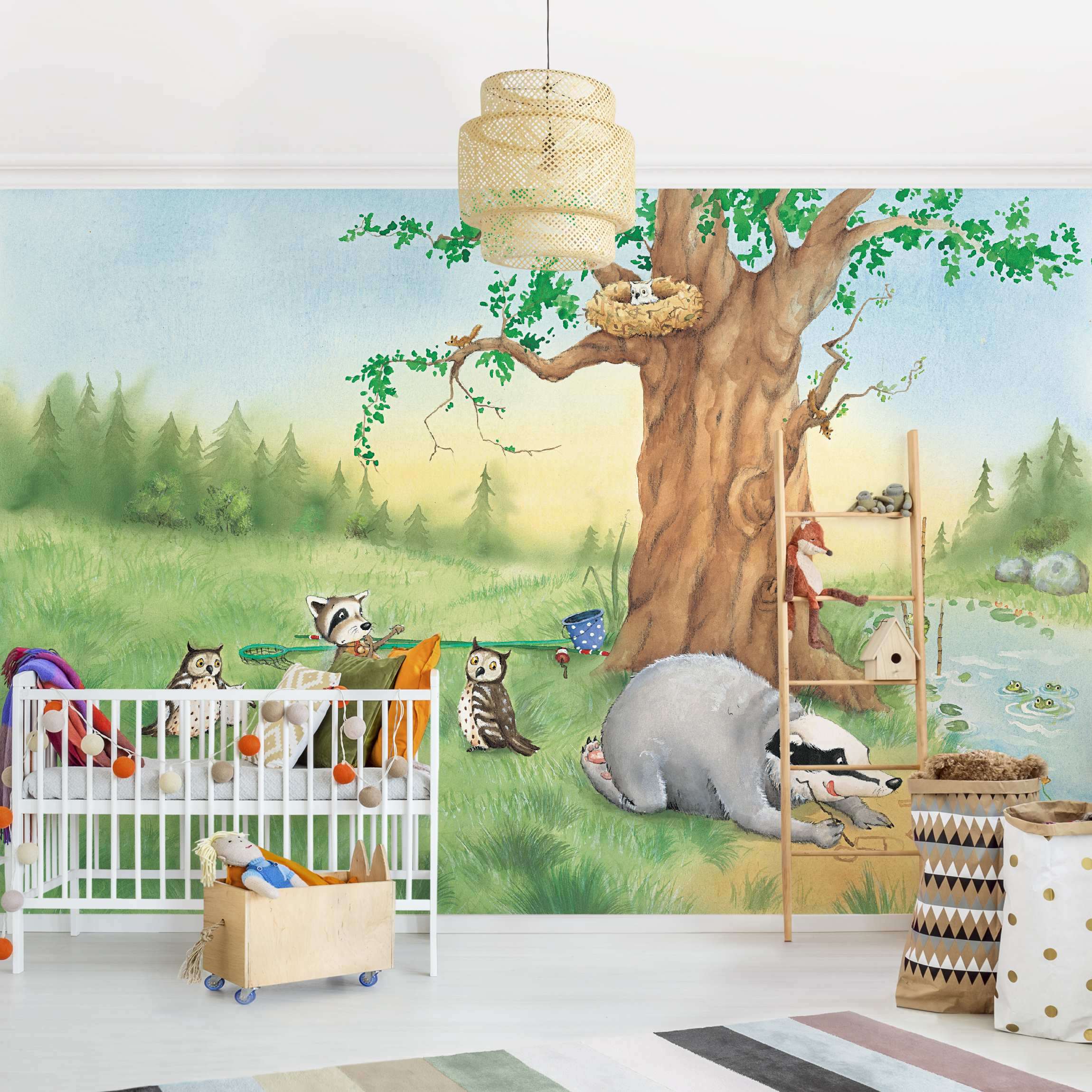 Papel pintado fotomural acuarela bosque ilustración animales 108 - habitación infantil niño niña bebé - tnt 384 x 255 cm adhesivo