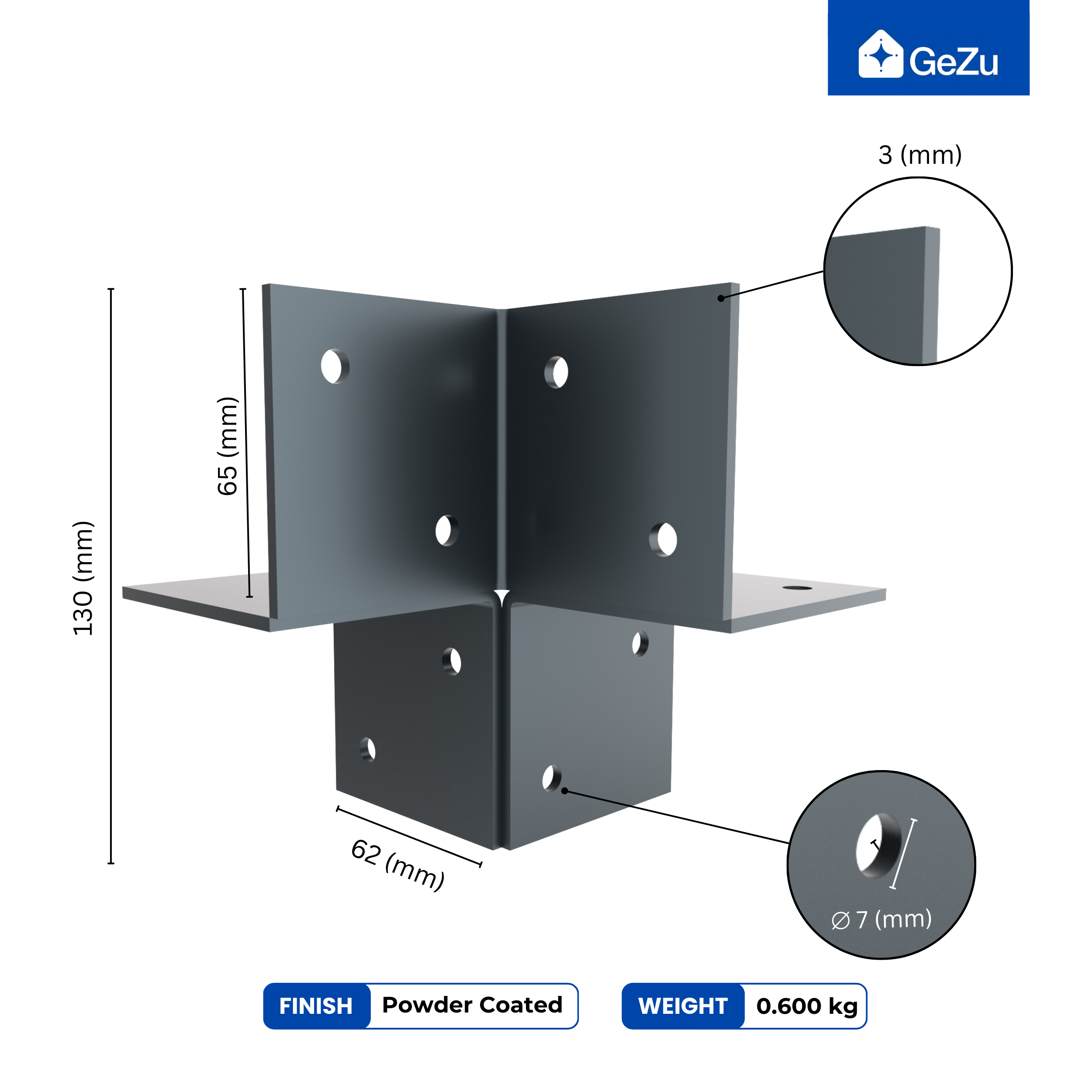 Connecteur d’Angle Pergola 71x71 Revêtement Poudré Anthracite Équerre d’Angle 3 Voies pour Gazebo et Pergola en Bois GeZu Impex - 2