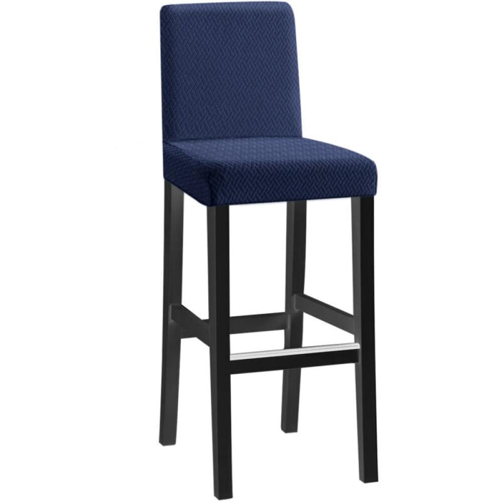 Pokrowiec na krzesło żakardowe, długi wzór w kratkę, krótkie oparcie – granatowy, jednoczęściowy pokrowiec elastyczny