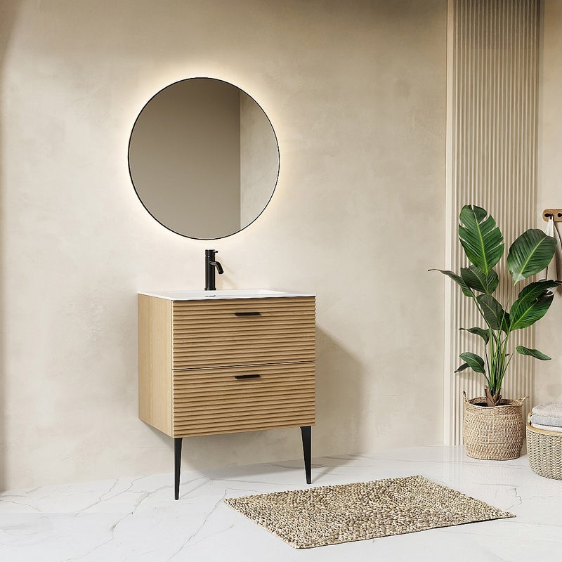 Szafka pod umywalkę rowkowana na nóżkach - 2 szuflady - Jasny naturalny - 60 cm - SARONE